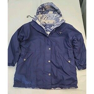 navy blue hooded anorak rain jacket with a polar bear print fleece lining.